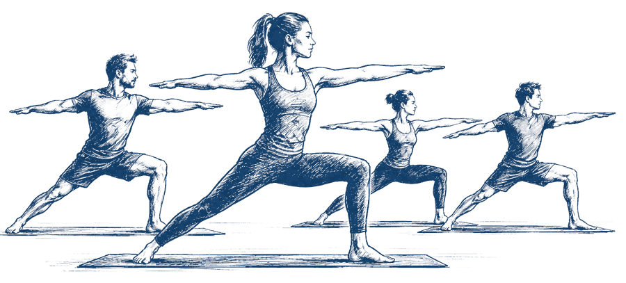 Illustration: Kursgruppe in der Yoga-Haltung Krieger